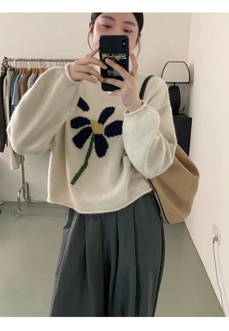 Autumn/Winter 2024 New Commuting Fashion Lazy Style Vintage Jacquard Curly Knitted Loose Sweater Women Wear Outwardly - reetell