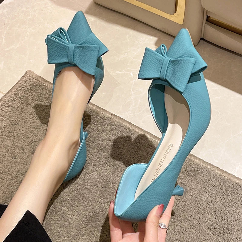 2024 New Bowknit Thin Heels Pumps Women Blue Elegant Slip-On Party Shoes Woman Summer Pointed Toe Solid Color High Heels Shoes - reetell