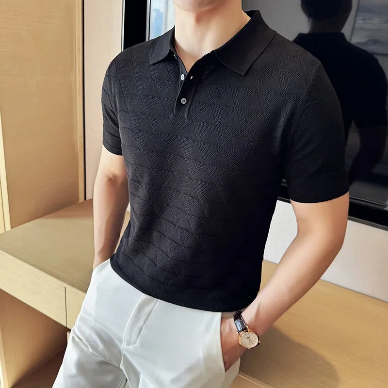 High-quality Men's Jacquard Polo Shirt, Business Casual Men's Solid Color Short-sleeved Top,  Geometric Pattern Men's T-shirt.