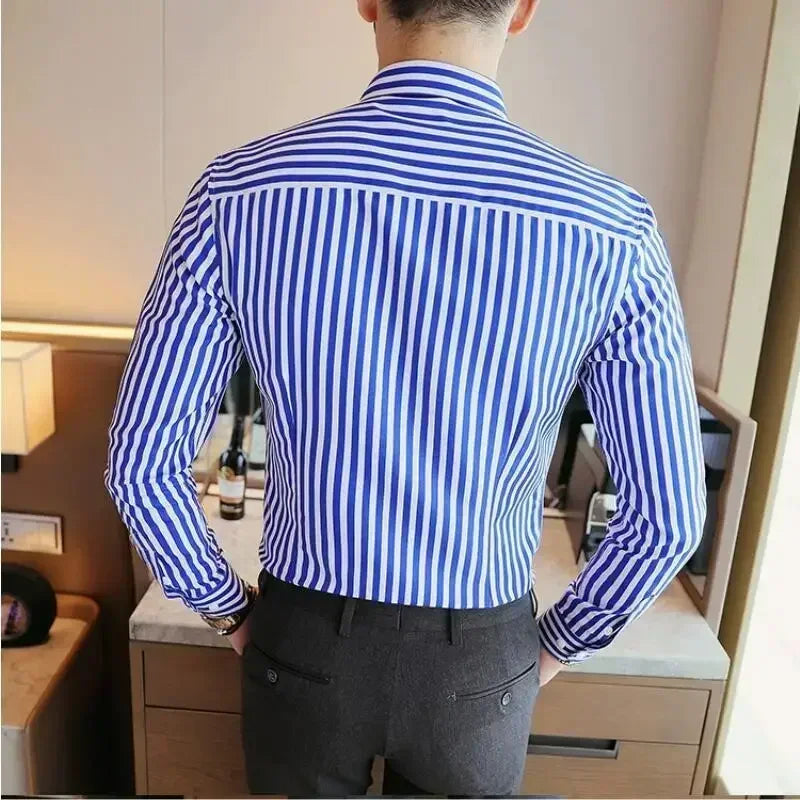 Men Striped Shirts Slim Fit Long Sleeves 2024 Spring summer thin Camisas De Hombre Korean Solid Casual Dress Shirts Men clothing - reetell