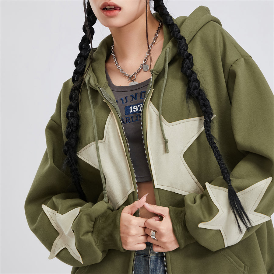 wsevypo Grunge Retro Star Print Hoodies Autumn Women's Long Sleeve Zip-up Hooded Sweatshirts with Front Pocket Street Outwear - reetell