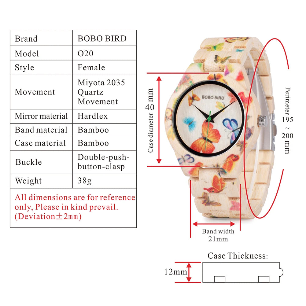 BOBO BIRD Wood Women Watches Luxury Engraved Handmade Ladies Quartz Wristwatch Wooden Pattern Printed Floral Casual Watch