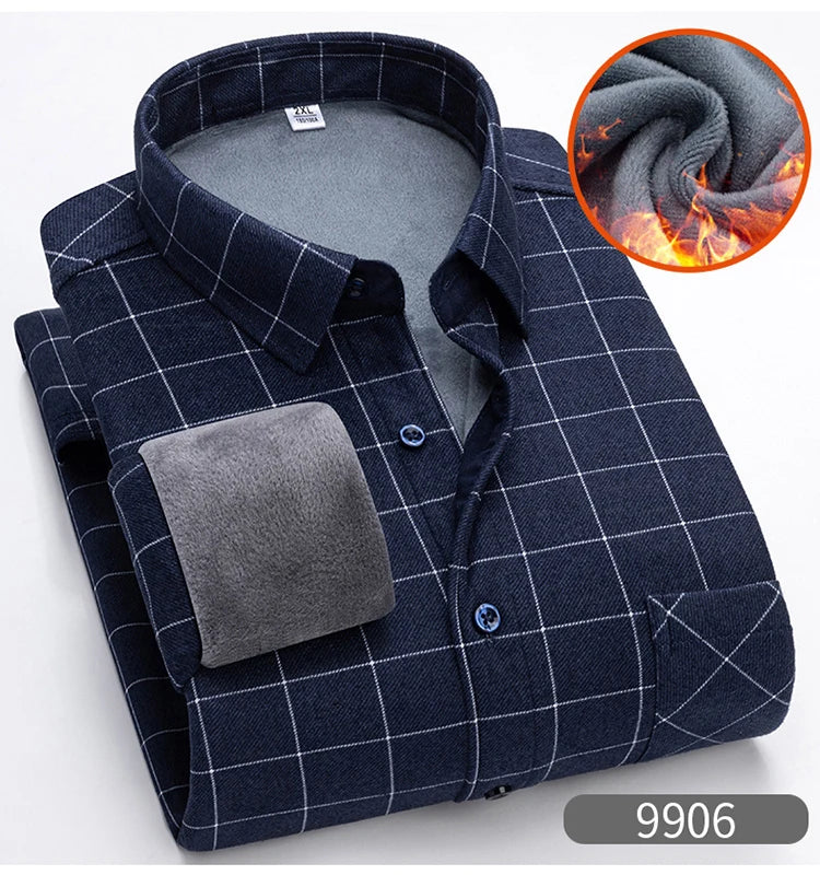 Autumn Winter Thicken Fleece Shirt Men Business Plaid Shirt Long Sleeve Warm Clothes Turn Down Collar Button Up Shirts Classic - reetell