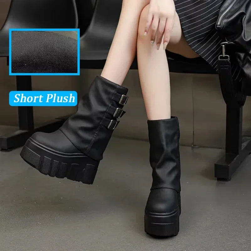 Fujin 14cm New Ankle Booties Shoes Natural Genuine Leather Boots Women Motorcycle Boots Platform Ladies Fashion Botas Winter