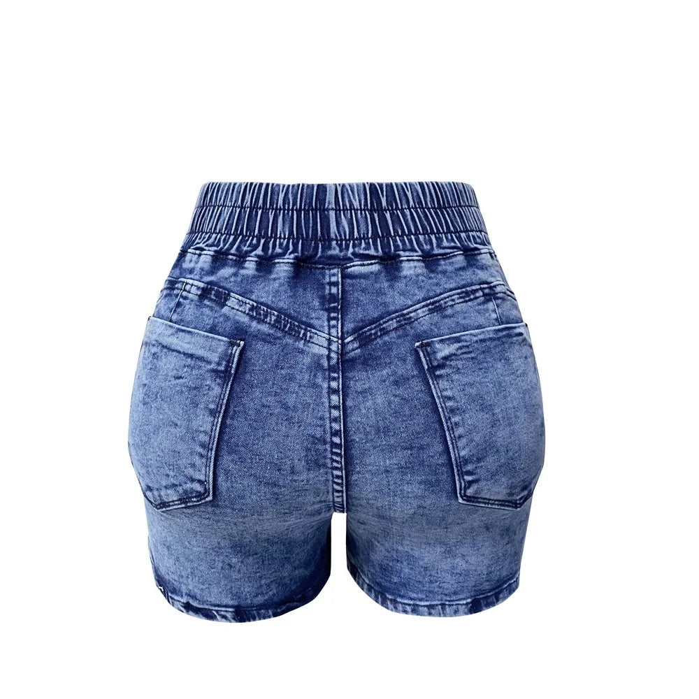 Women Summer Denim Shorts Ladies Elastic Waist Bandage Jeans Skinny Short Pants Feminina - reetell