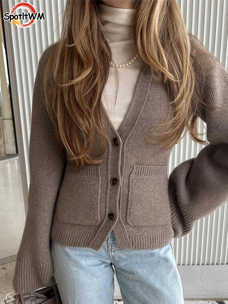 Elegant Solid Knitted Women's Cardigan V-neck Single Breasted Long Sleeves With Pocket Jumper Autumn Commute Sweater Outwear ﻿ - reetell