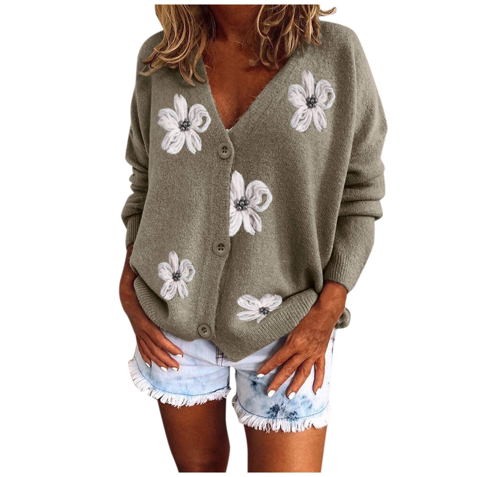 Women Cardigan Daisy Embroidery Knitted Sweater Single Breasted Full Sleeve V-Neck Autumn Outwear Green Cardigan Floral Pattern - reetell