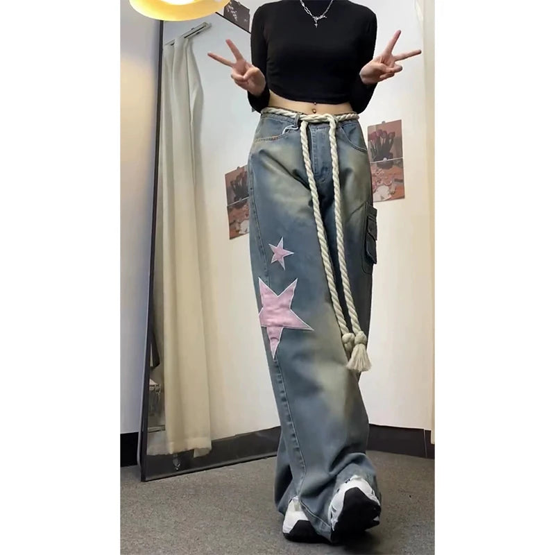 Women Baggy Star Jeans Vintage Harajuku Oversize High Waist Denim Trouser Emo 2000s Y2k 90s Aesthetic Wide Pants Trashy Clothes - reetell