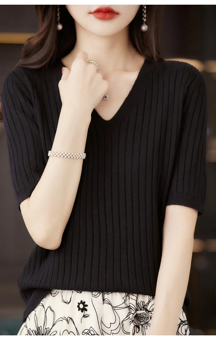 Women Sweater Short Sleeve V-neck Stripe Knitwears Slim Fit Shirt Korean Fashion Pullovers Thin Knit Tops 2024 Bottoming Shirts - reetell