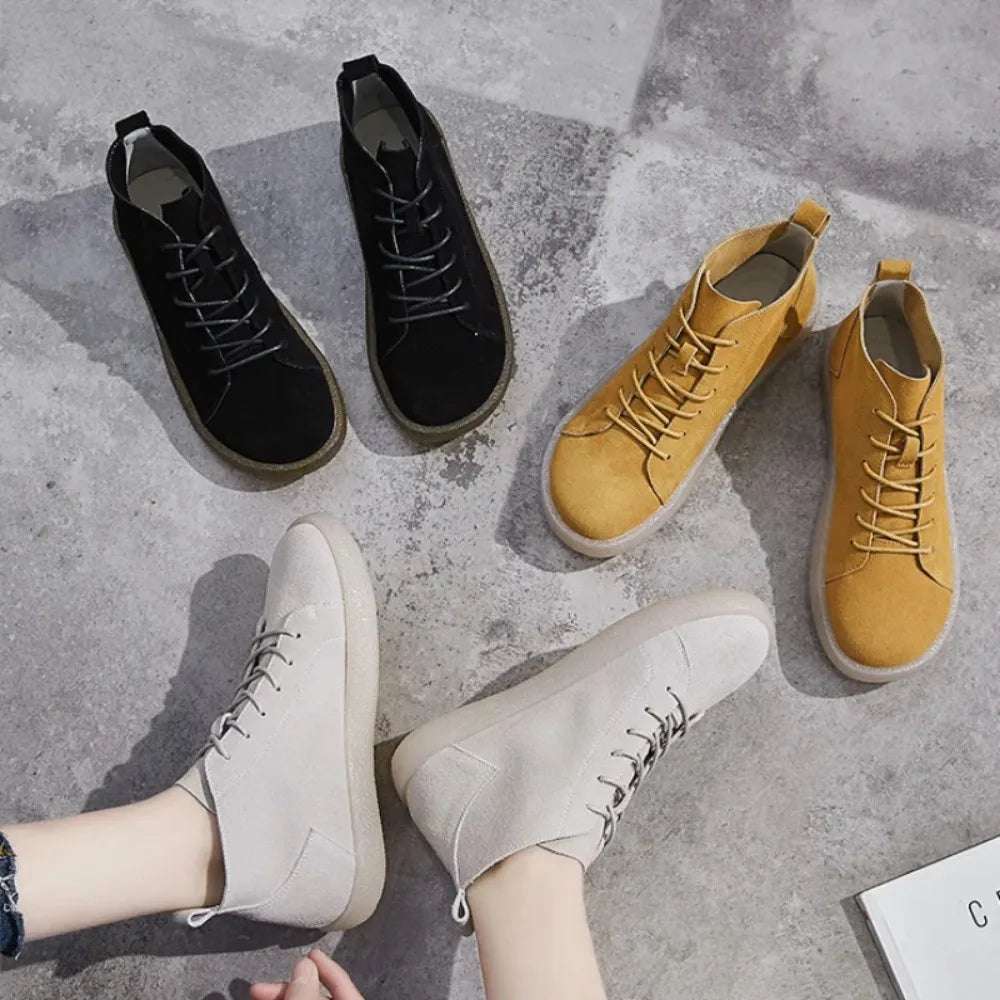 Soft Sole Single Shoes Spring and Autumn Flat Sole Women's Shoes Retro Single Layer High Top Frosted Leather  Ankle Boots Women