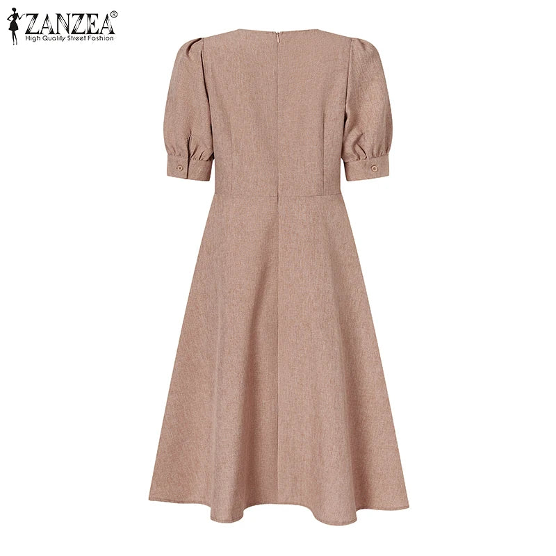 ZANZEA Elegant Women Office Work Dress Summer Half Sleeve Sundress Stylish Slim A-line Vestidos Solid Knee-length Robe Femme - reetell