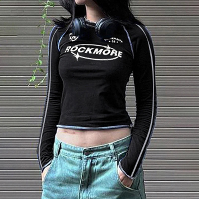 T-Shirt Women Spring New Black Fashion Streetwear Long Sleeves O-Neck Streetwear Crop Top Print Letter Casual Slim Female Tees - reetell