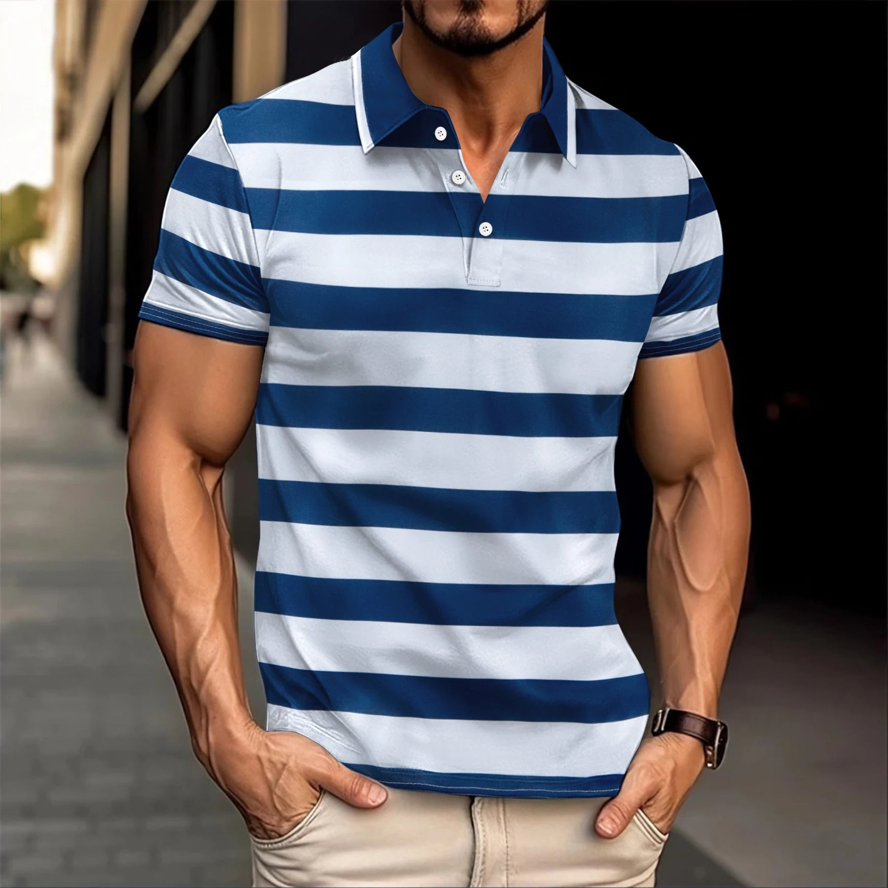 2024 New Summer Best-Selling Men's Striped Polo Shirt Lapel Button Men's Short Sleeve Casual Comfortable Office Men's Clothing