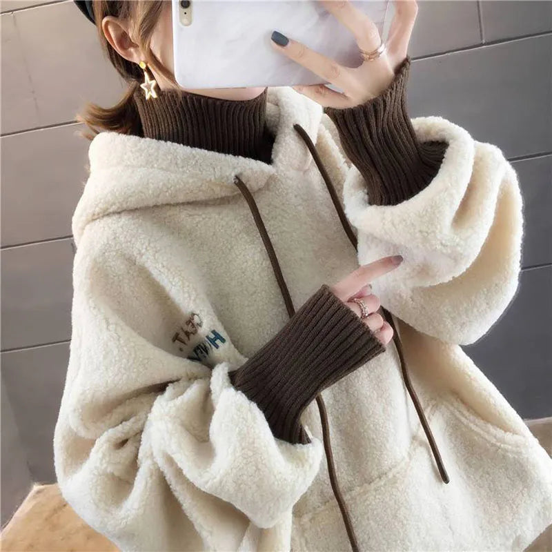 Faux Lamb Sweatshirt Women Loose Fake Two Piece Fashion Hoodies Fluffy Big Pocket Letter Long Sleeve Winter Female Tops - reetell