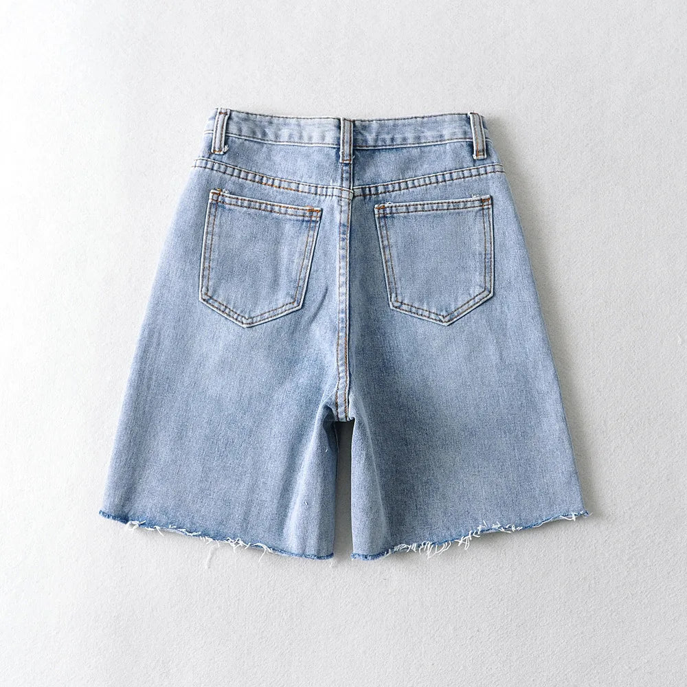 Women High Waist Wide Leg Denim Shorts Tassel 2024 Summer Fashion Streetwear Casual Solid Color Female Loose Straight Jeans - reetell