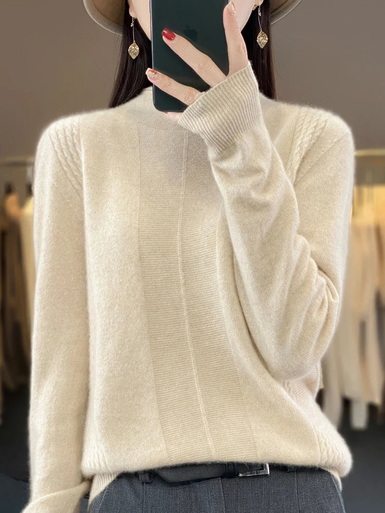 2024 Autumn Winter Women 100% Merino Wool Sweater Striped O-Neck Pullover Knitwear Casual Undershirt Cashmere Clothing Tops - reetell