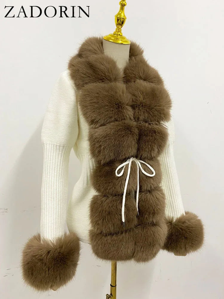 ZADORIN Luxury Fur Cardigan Knit Winter Sweater Women Elegant Detachable Fur Belt White Pink Black Womens Cardigan Korea Style - reetell