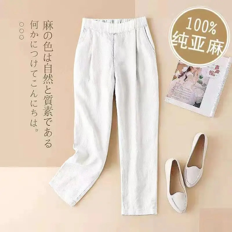 Womens Pants Solid Clothing Harem Trousers Woman Linen Elastic Waist with Pockets Autumn Chic and Elegant Classic Casual Outfits - reetell