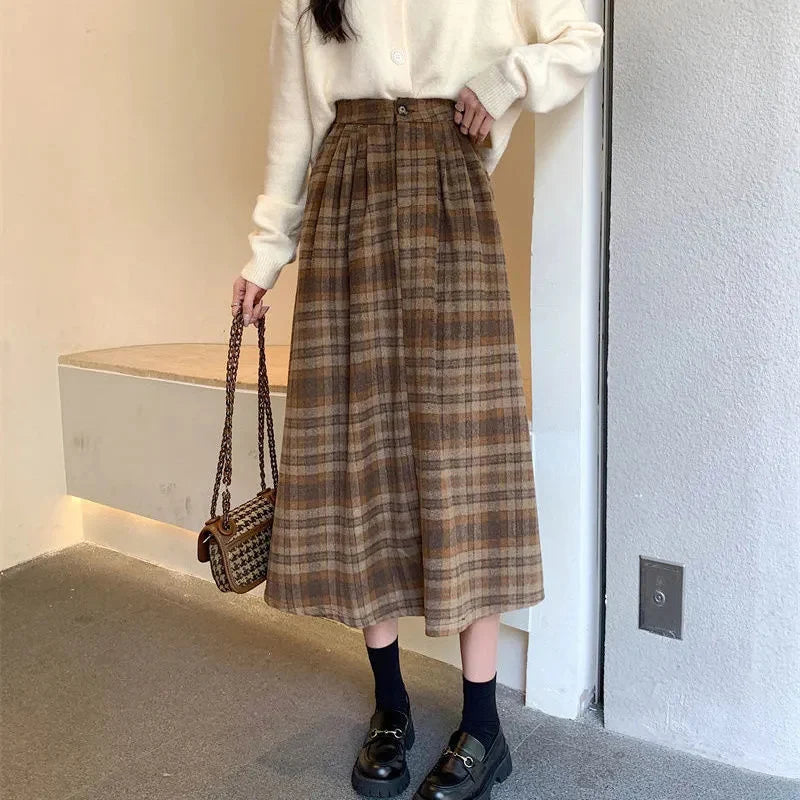 Rimocy Autumn Winter Woolen Skirt Women 2023 Korean Style Thick High Waist Long Skirt Woman A Line Pleated Plaid Skirt Female - reetell