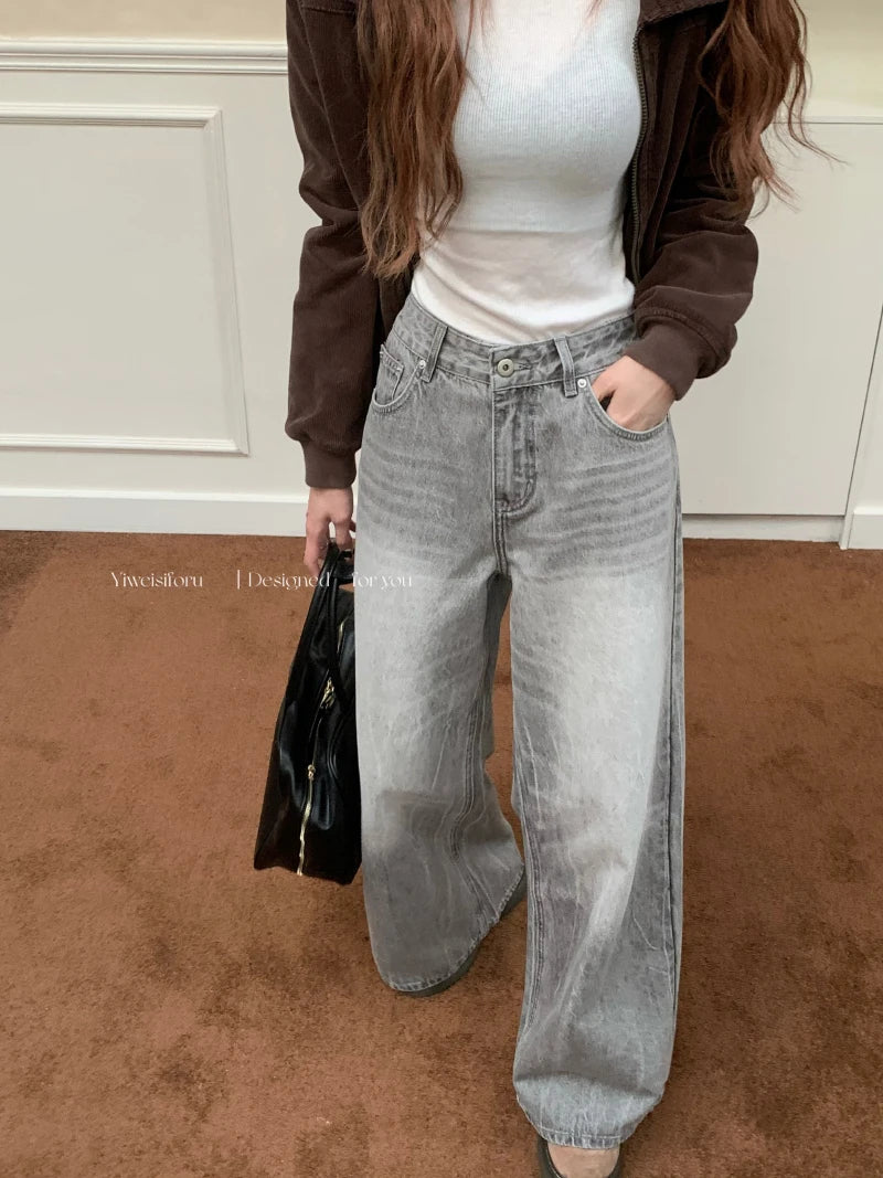 Summer Grey Womens Jeans High Waist Baggy Casual Vintage Y2K Trend Straight Cargo Pants Street American Wide Leg Denim Trouser - reetell