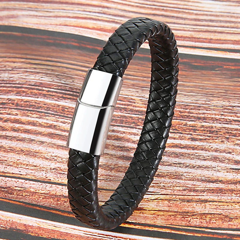 Mibrow Vintage Braided Genuine Leather Bracelet for Men Women Stainless Steel Magnetic Clasps Bracelets Punk Charm Men Jewelry