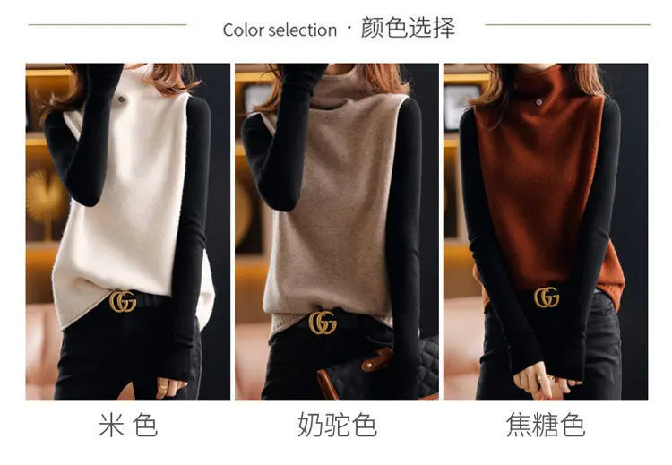 Fashion Women Vintage Turtleneck Sweater Vest Spring Autumn All-match Casual Streetwear Solid Loose Sleeveless Knitted Pullovers - reetell