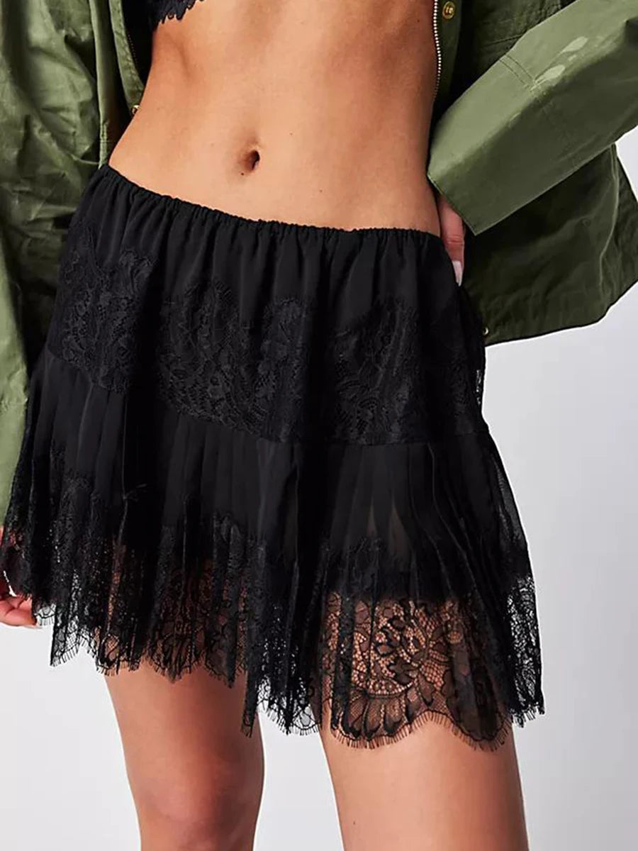 Women Y2K Lace Mini Skirt Elastic Low Rise Pleated Mini Skirt Layered Ruffle Flowy Short Skirt Half Slips Underskirt - reetell