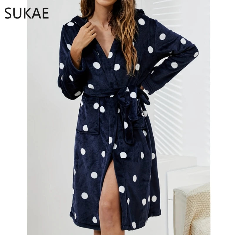 SUKAE Winter Women Sleepwear Fluffy Soft Flannel Bathrobe for Woman Polka Dots Thermal Robes for Lady Clouds Grey Robe for Girl - reetell