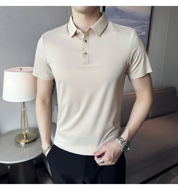 Ice Silk Traceless T-shirt Men's  Business Casual Solid Color Half Sleeve High Elasticity Top Silk Smooth Breathable POLO Shirt