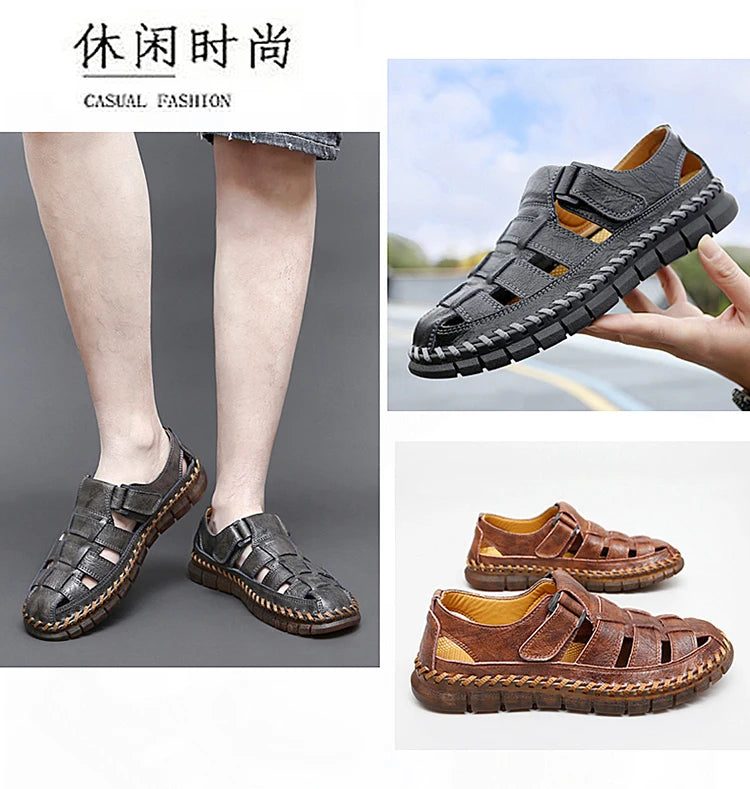 Genuine Leather Sandal for Men Round Toe Lightweight Comfortable Trendy All-match Breathable Fashion Non-slip Shoes Summer Main