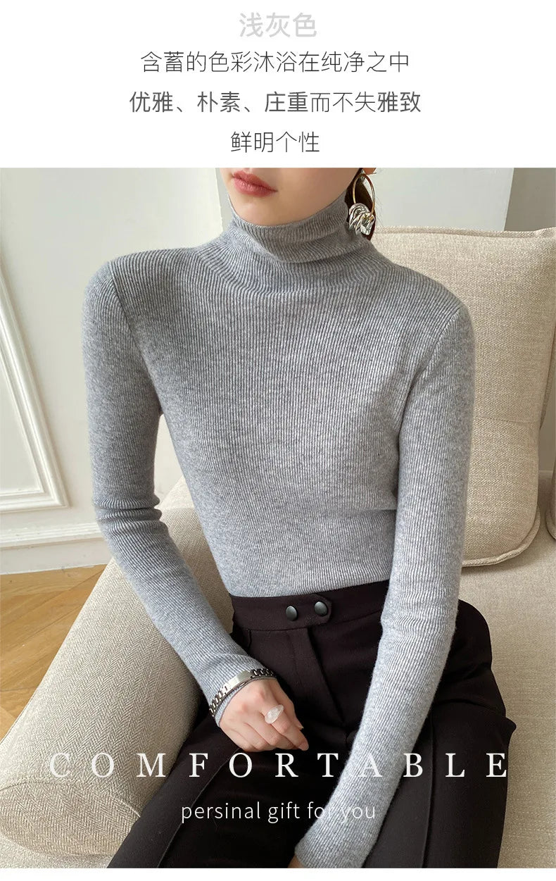 Women Sweater Winter Cashmere Turtleneck Warm Knitwear Korean Casual Solid Bottoming Shirt Fashion Knit Pullovers Brown Sweater - reetell