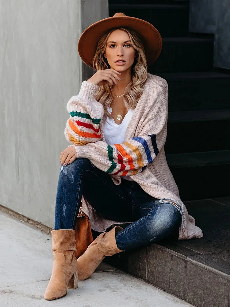 Fitshinling Rainbow Striped Boho Cardigan Winter Long Coat Female Knitwear Pink Slim Sweaters Cardigans For Women Clothes 2022 - reetell