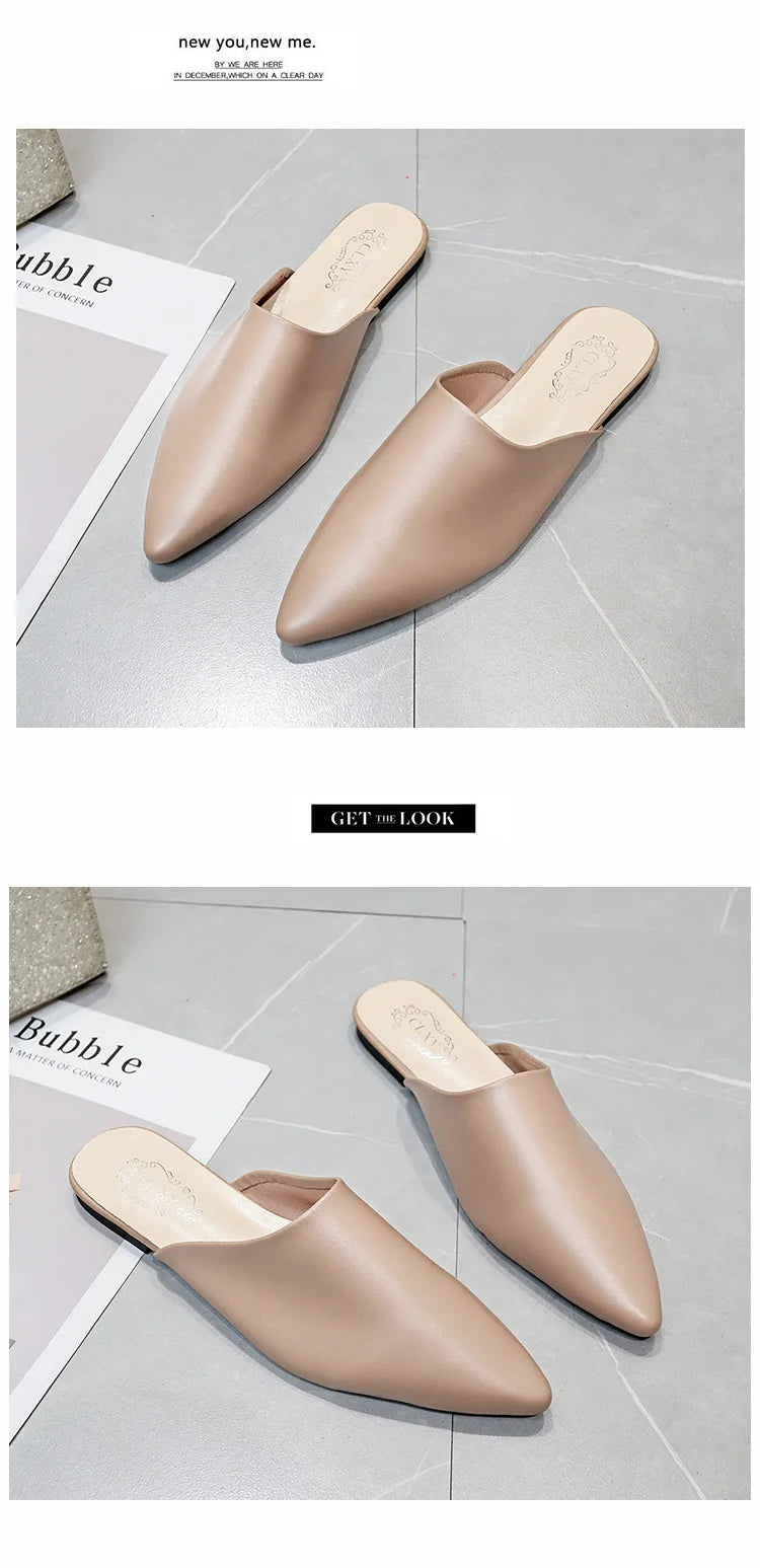 Women Spring Summer Slippers Mules Soft Leather Pointed Toe Slip On Sandalias Soild Mature Fashion Casual Low-heeled Shoes Mujer