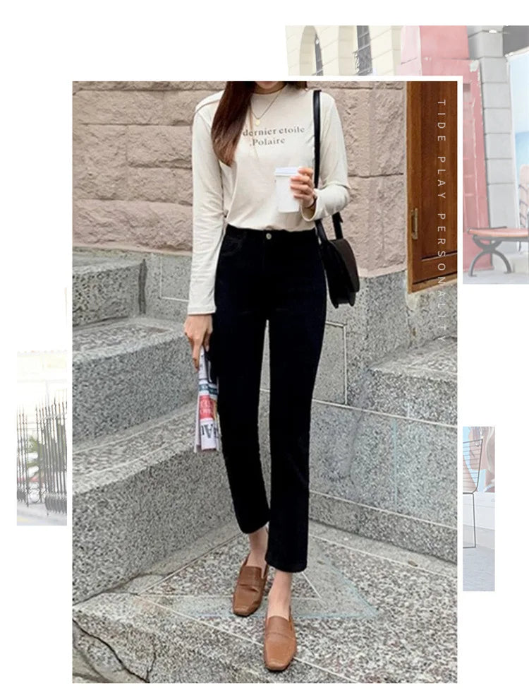 Black Straight Jeans Women's High Waist Straight Leg 2024 Autumn Style Elastic Raw Edge Cigarette Pipe Denim Pants Boyfriend - reetell