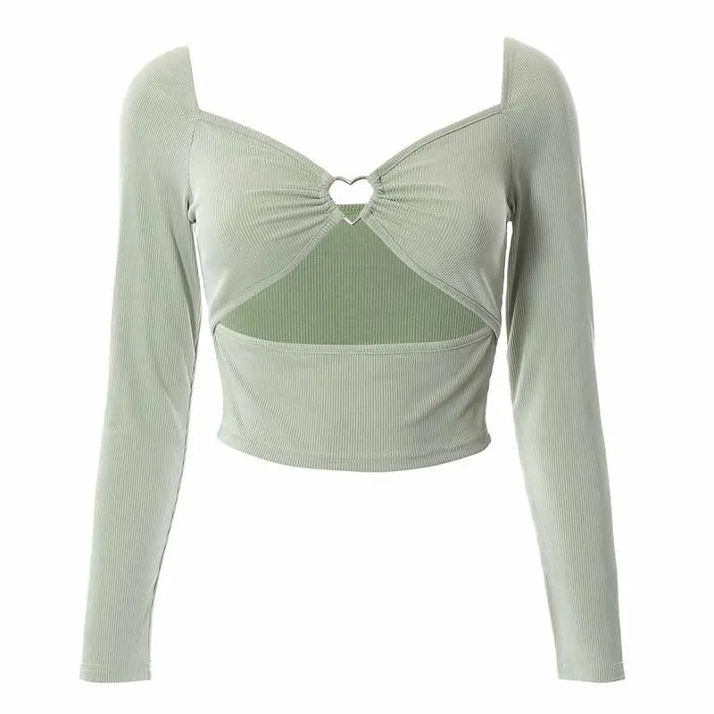 Hollow-Out V-neck Long Sleeve Crop Tops Spring Fall Casual Fashion Women Square Collar Slim Ribbed T-Shirts Backless Tee - reetell