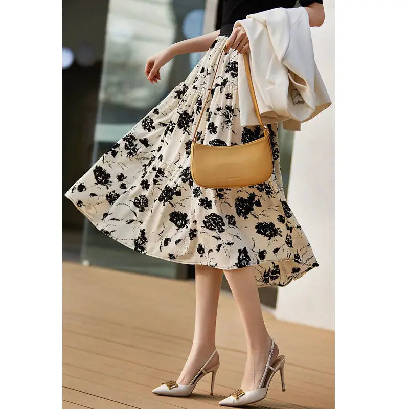 New Spring and Summer Women's High Waist Loose Elastic Pleated Korean A-Line Printed Classic Fashion Casual All Match Skirt - reetell