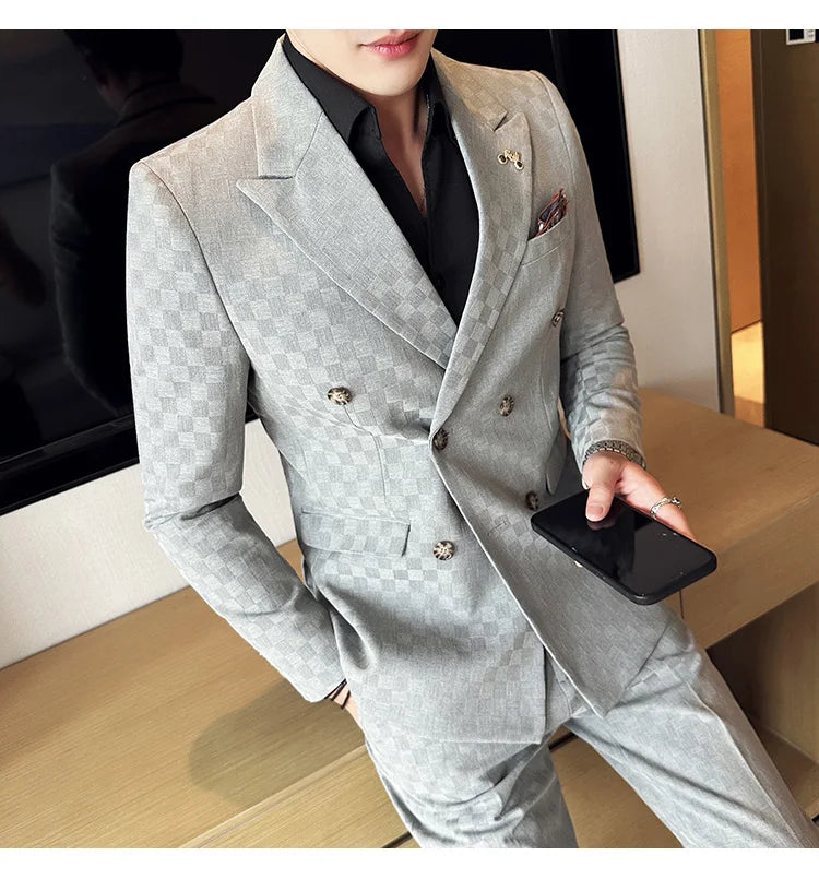 (Jacket+Pants) 2 Pieces Blue Apricot Business Party Men Suits Double Breasted Formal Style Custom Made Wedding Groom Tuxedos - reetell