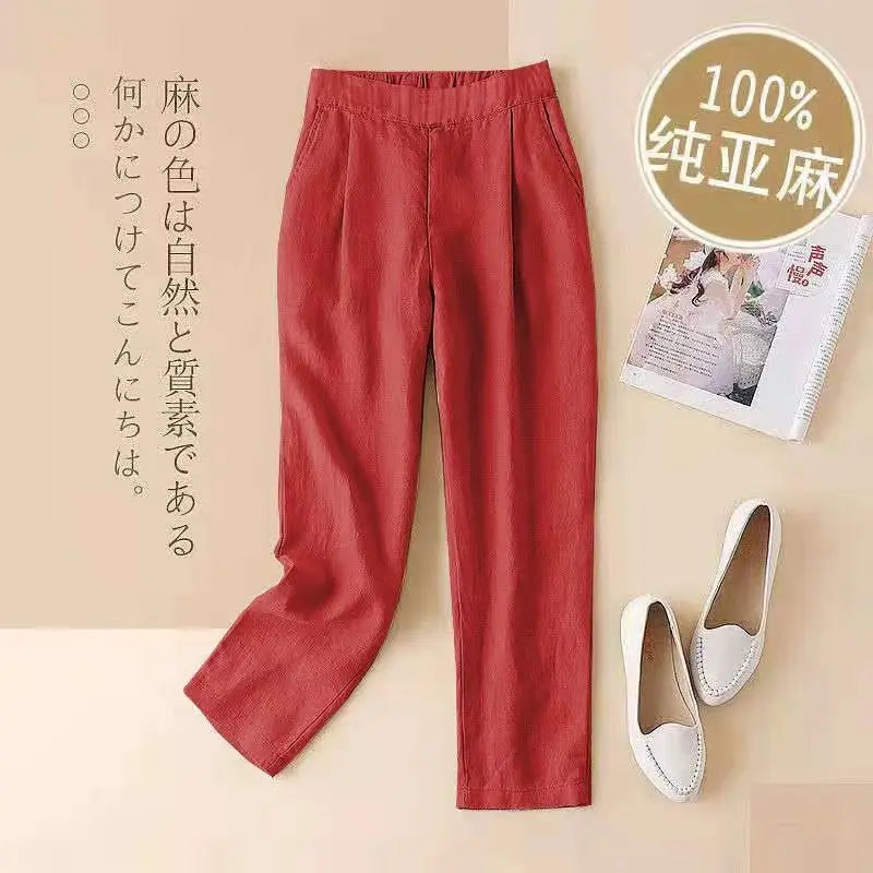 Womens Pants Solid Clothing Harem Trousers Woman Linen Elastic Waist with Pockets Autumn Chic and Elegant Classic Casual Outfits - reetell