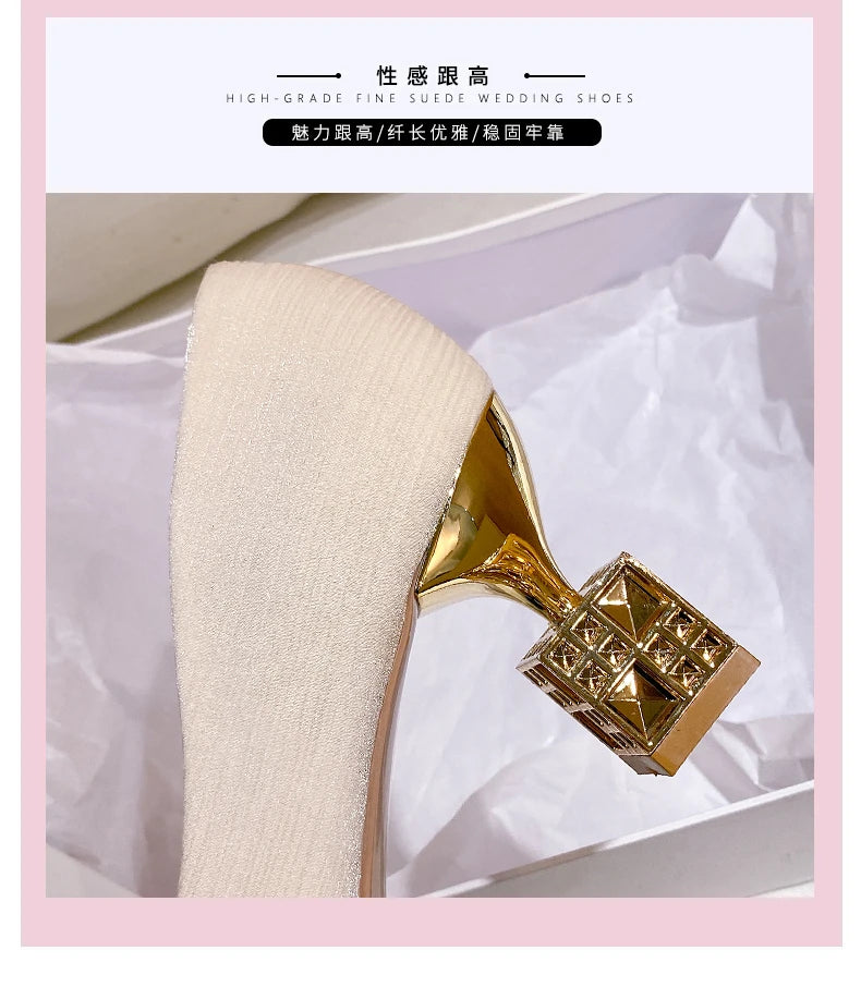 Autumn New Ladies High Heels Pointed Toe Shaped Heel High 5cm and 7cm Wedding Shoes Square Buckle Travel Banquet Shoe High Heels