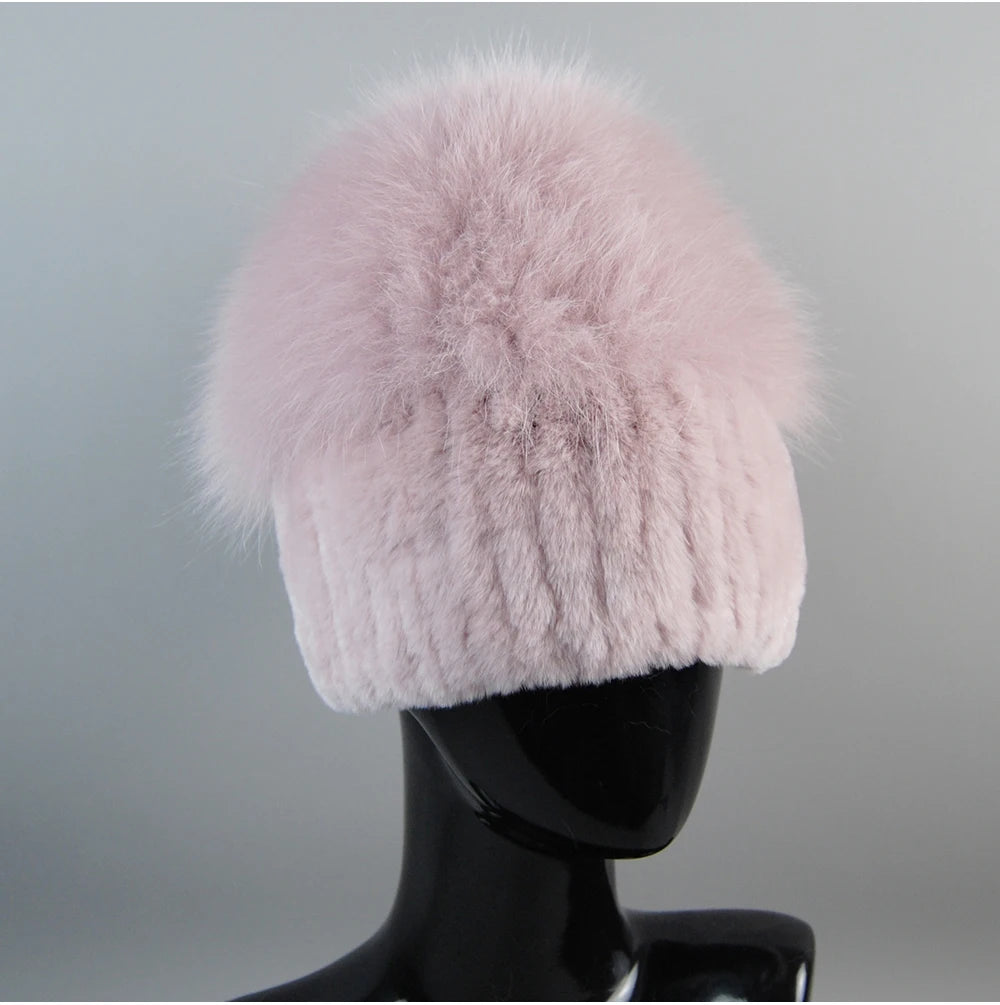 2024 Lady Winter Real Fur Hats Women Warm Knitted Genuine Rex Rabbit Fur Hat Top Natural Fox Fur Bomber Caps Rex Rabbit Fur Cap - reetell