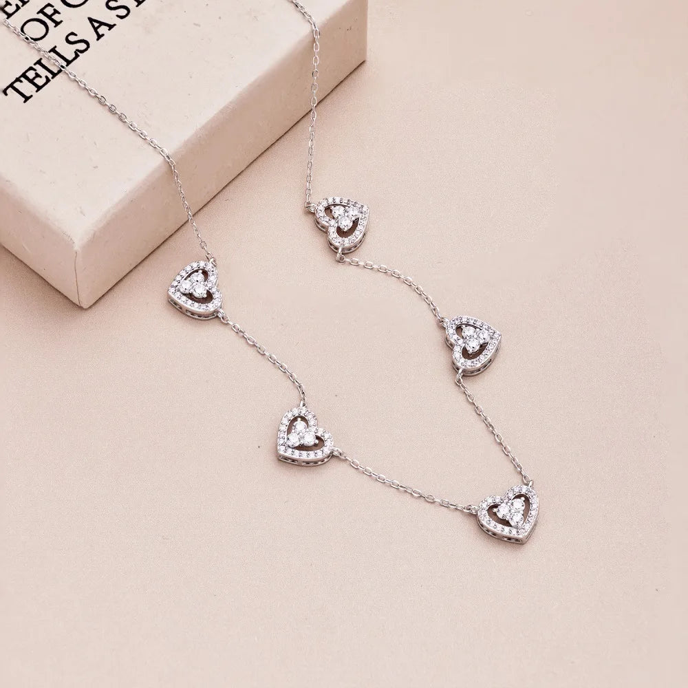 True S925 Silver Heart Necklace Women Rainbow Heart Charm Pendant Necklace Female Luxury Jewelry Sparkling 5A Zircon Girl Gift