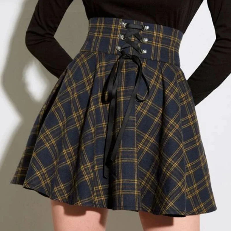 Vintage Y2K Punk Sexy High Waist Mini Skirts Purple Plaid Bandage Harajuku Aesthetic Skirt Goth Grunge Cake Skirt Streetwear - reetell