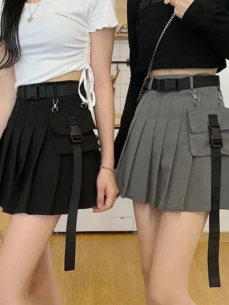 Zoki Harajuku Belt Pleated Cargo Skirt Women Fashion Gothic High Waist Pocket Mini Skirts Fashion Summer Lady A Line Black Skirt - reetell