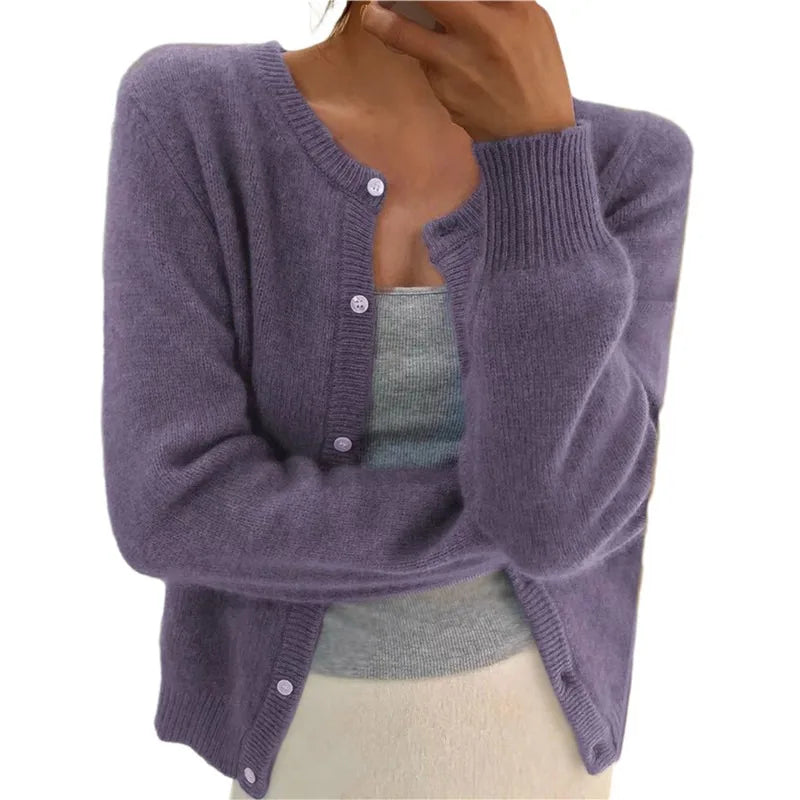 Solid Color Knitted Cardigan Women Korean Single Breasted Long Sleeve Jumper Woman Round Neck All Match Cardigans Outwear 2024 - reetell