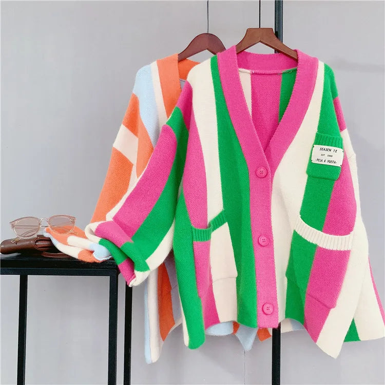 Joskaa Striped Patchwork Knitted Cardigan Women V-Neck Long Sleeve Single Breasted Sweater Coat Autumn 2023 Outwear Streetwear - reetell