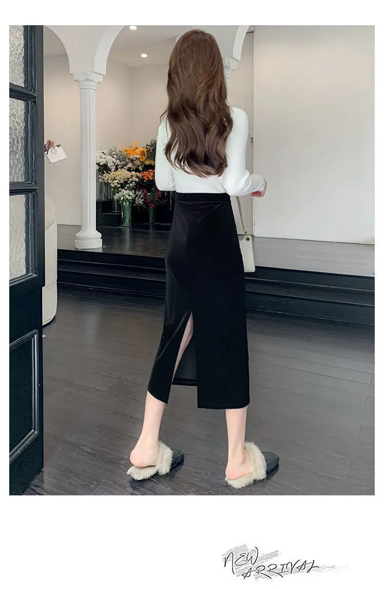 Elegant Velvet Black Long Skirts Women Autumn Winter High Waist Faldas Korean Fahion Clothing Office Ladies Bodycon Midi Skirt - reetell