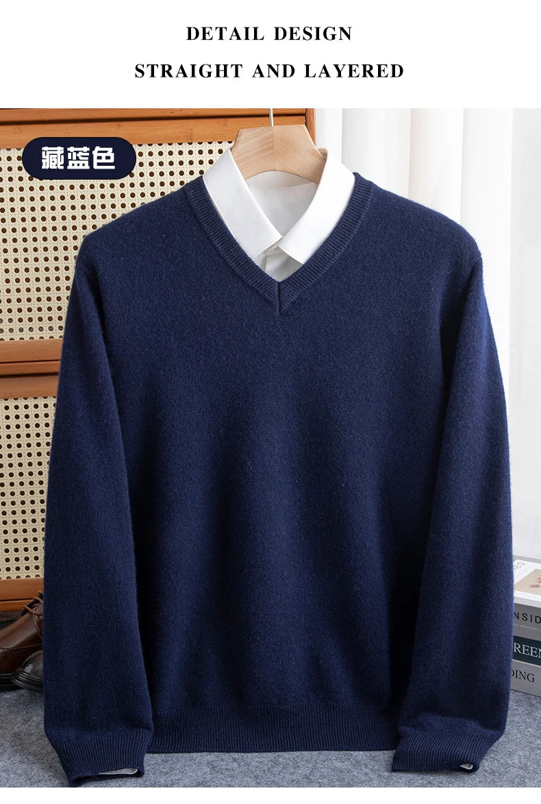 Men 100% Merino Wool Sweater V-Neck Pullover Autumn Winter Cashmere Warm Solid Knitwear Clothes Business Bottoming Soft Tops - reetell