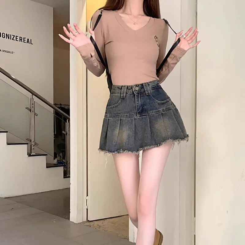 Deeptown Vintage Denim Skirt Women Pleated Sexy Short Skirts Retro Korean Fashion Aesthetics Casual A-line Streetwear Jean Skirt - reetell