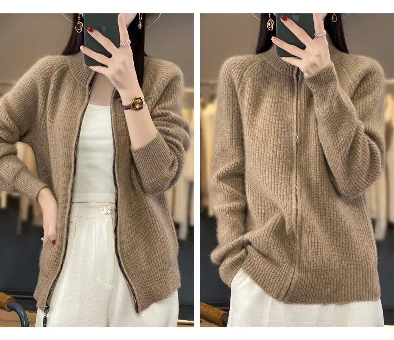 100% Pure Wool Zipper Cardigan Padded Shoulder Stand Collar Women's Cashmere Knitted Coat New Lapel Sweater - reetell