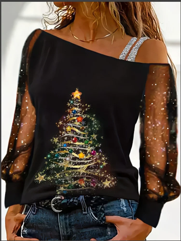 Silver Shoulder Strap Transparent Sleeves Sequins Blouse Women's Sexy T-shirt Christmas Tree Printed Long Sleeved Top - reetell